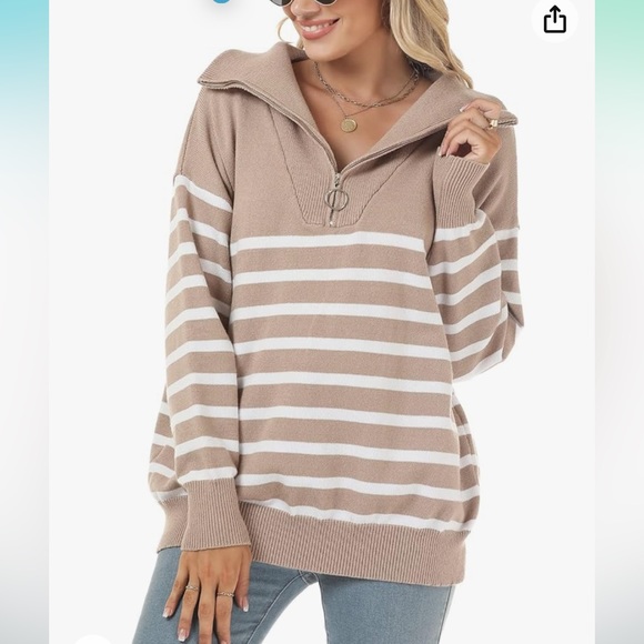 Striped Sweaters Half-Zip Long Sleeve Oversized Pullover - Picture 1 of 12